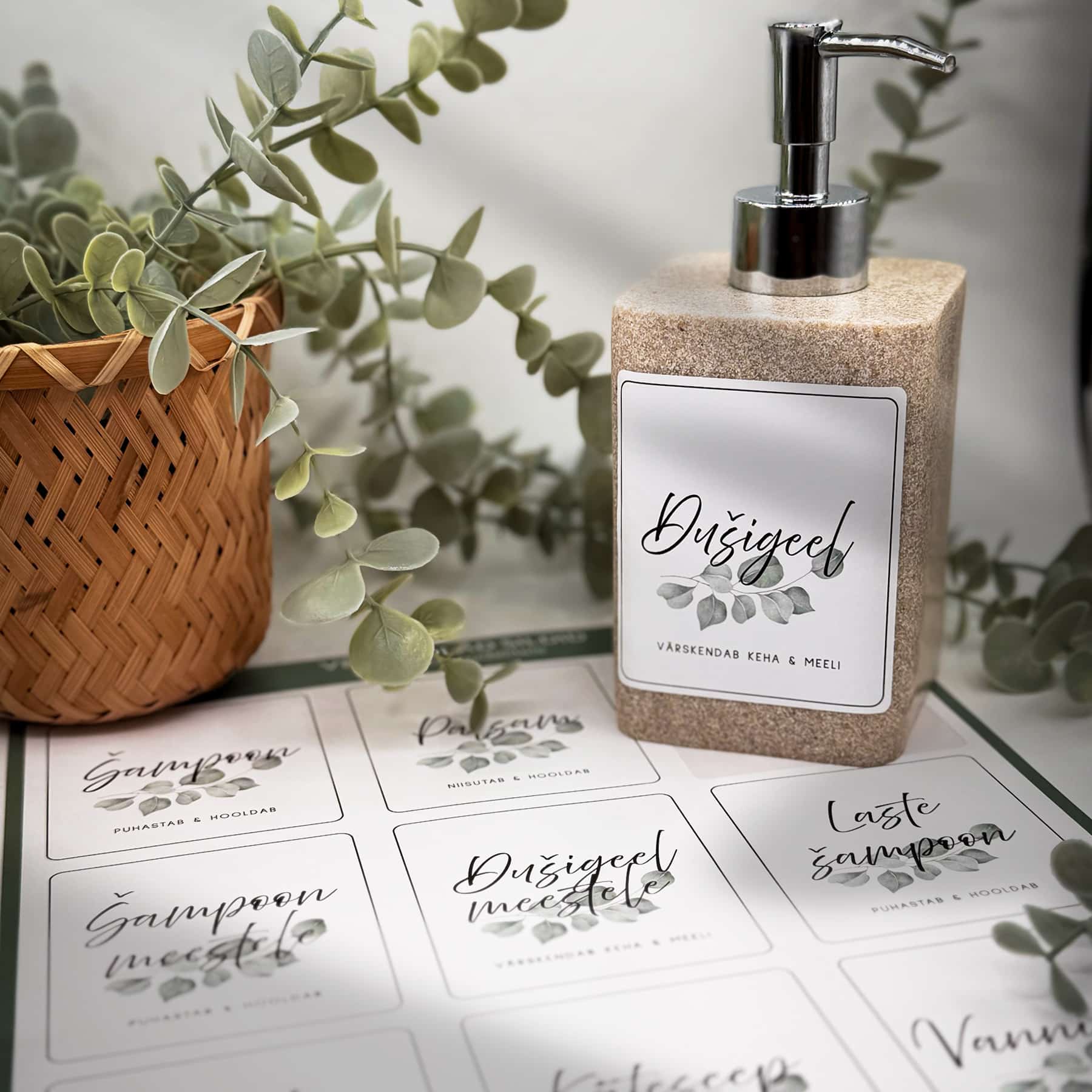 Vannitoapudelite sildid "Eukalüpt"